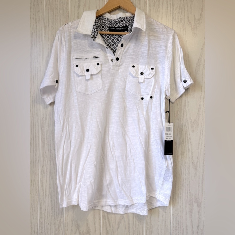 Truth Substance Common Sense Mens White 1/4 Button-Up Short Sleeve Size M NWT